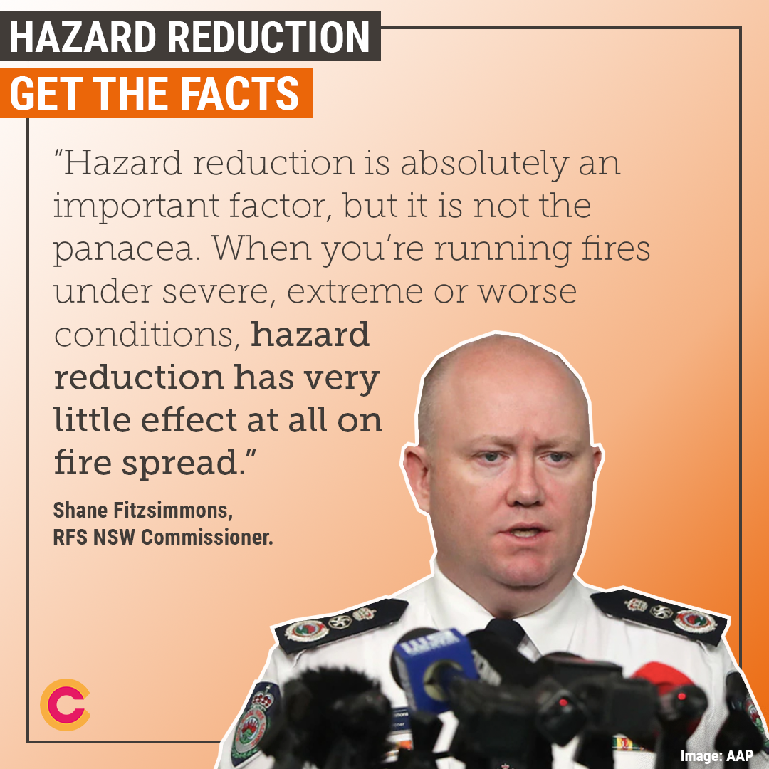 An image of Shane Fitsimmons, with a quote over the top and an organge background. The quote is about hazard reduction not being the 'panacea'.